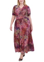 Vince Camuto Plus Size Printed V-Neck Ruched Maxi Dress - Purple