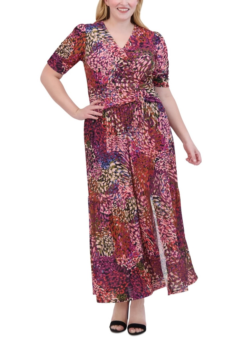 Vince Camuto Plus Size Printed V-Neck Ruched Maxi Dress - Purple