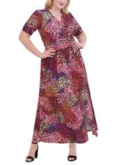 Vince Camuto Plus Size Printed V-Neck Ruched Maxi Dress - Purple