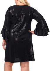 Vince Camuto Plus Size Sequined Flounce-Sleeve Mini Dress - Rich Black