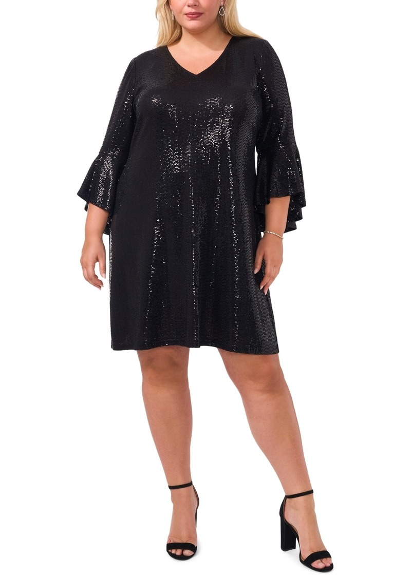 Vince Camuto Plus Size Sequined Flounce-Sleeve Mini Dress - Rich Black