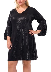 Vince Camuto Plus Size Sequined Flounce-Sleeve Mini Dress - Rich Black