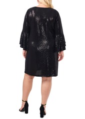 Vince Camuto Plus Size Sequined Flounce-Sleeve Mini Dress - Rich Black