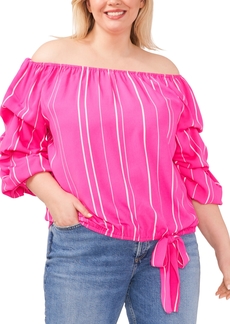 Vince Camuto Plus Size Striped Off The Shoulder Bubble Sleeve Tie Front Blouse - Hot Pink