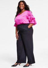 Vince Camuto Plus Size Striped Pull-On Wide-Leg Pants - Rich Black