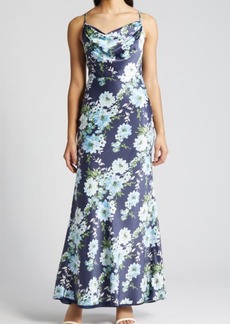 Vince Camuto Print Cowl Neck Satin Gown