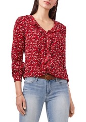 Vince Camuto Print Ruffle V-Neck Crepe Blouse in Cranberry at Nordstrom