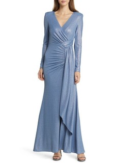 Vince Camuto Ruched Metallic Side Drape Long Sleeve Gown