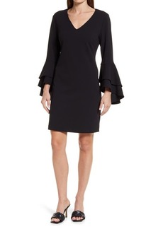 Vince Camuto Ruffle Long Sleeve Crepe Ponte Dress in Rich Black at Nordstrom