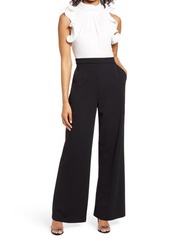 Vince Camuto Ruffle Sleeve Mix Media Jumpsuit in Black White at Nordstrom