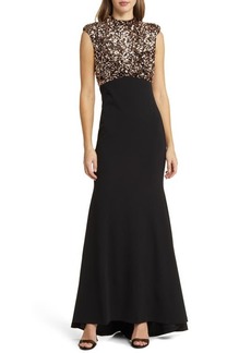 Vince Camuto Sequin Cap Sleeve Trumpet Gown