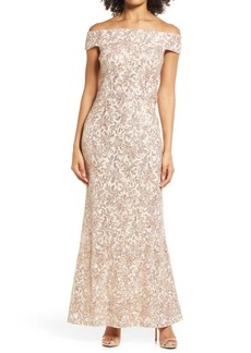 Vince Camuto Sequin Floral Off the Shoulder Sheath Gown in San at Nordstrom