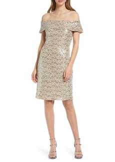 Vince Camuto Sequin Off the Shoulder Cocktail Sheath Dress in Beige/Navy at Nordstrom