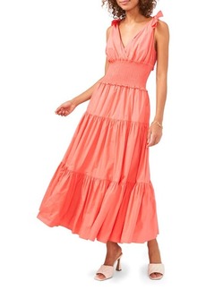 Vince Camuto Smocked Waist V-Neck Cotton Midi Dress in Orange Coral at Nordstrom