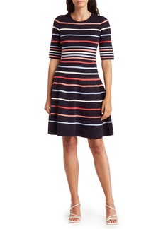Vince Camuto Stripe Elbow Sleeve Fit & Flare Dress in Black Multi at Nordstrom Rack