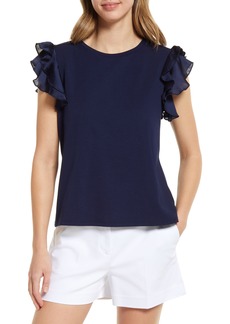 Vince Camuto Tiered Ruffle Sleeve Cotton Blend Top in Classic Navy at Nordstrom