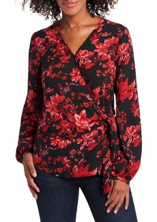 Vince Camuto Victorian Blooms Tie Front Long Sleeve Blouse in Rich Black at Nordstrom