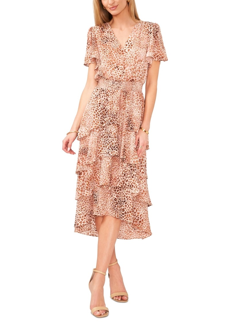 Vince Camuto Women's Animal-Print Flutter Sleeve Tiered Midi Dress - Natural Tan
