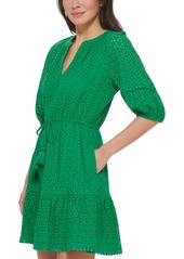 Vince Camuto Women's Eyelet Balloon-Sleeve Tasseled-Drawstring Dress - Green