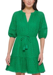 Vince Camuto Women's Eyelet Balloon-Sleeve Tasseled-Drawstring Dress - Green