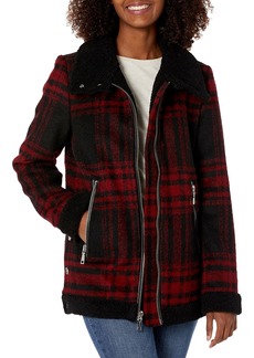 Vince Camuto Women's Faux Fur Lined Wool Jacket red Plaid