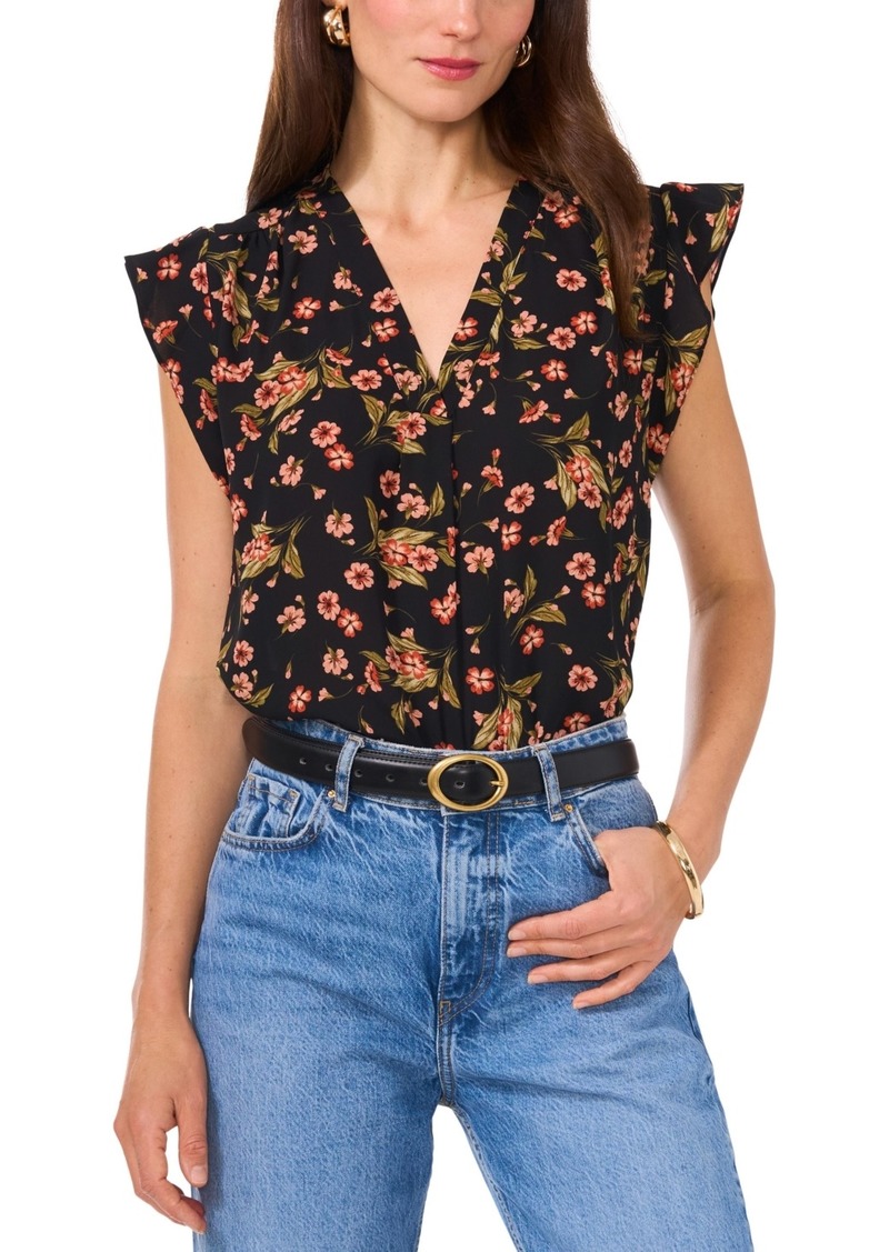 Vince Camuto Women's Floral Flutter-Sleeve Top - Rich Black