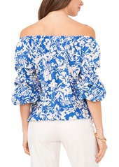 Vince Camuto Women's Floral Off The Shoulder Bubble Sleeve Tie Front Blouse - Classic Blue Floral