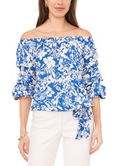 Vince Camuto Women's Floral Off The Shoulder Bubble Sleeve Tie Front Blouse - Classic Blue Floral