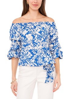 Vince Camuto Women's Floral Off The Shoulder Bubble Sleeve Tie Front Blouse - Classic Blue Floral