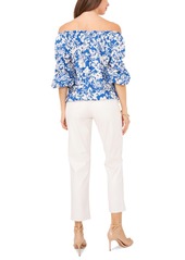 Vince Camuto Women's Floral Off The Shoulder Bubble Sleeve Tie Front Blouse - Classic Blue Floral