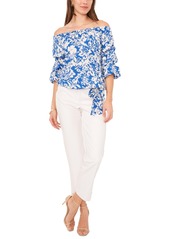 Vince Camuto Women's Floral Off The Shoulder Bubble Sleeve Tie Front Blouse - Classic Blue Floral