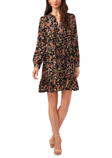 Vince Camuto Women's Floral Printed Long Sleeve Split Neck Baby Doll Dress - Rich Black