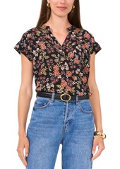 Vince Camuto Women's Floral-Print Split-Neck Short-Sleeve Blouse - Rich Black