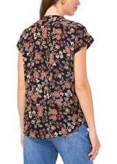 Vince Camuto Women's Floral-Print Split-Neck Short-Sleeve Blouse - Rich Black