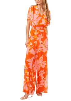 Vince Camuto Women's Floral Smocked Waist Flutter Sleeve V-Neck Jumpsuit - Orange Floral