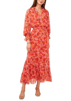 Vince Camuto Women's Floral Smocked Waist Tie Neck Tiered Maxi Dress - Tulip Red