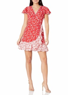 Vince Camuto Women's Petite Printed CDC Faux WRAP FIT and Flare Dress with Contrast Ruffle Hem RED 10P