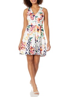 Vince Camuto Women's Printed Scuba FIT and Flare Dress with Combo Godets