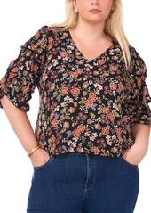 Vince Camuto Women's Plus Size Printed V-Neck Bubble Sleeve Top - Rich Black