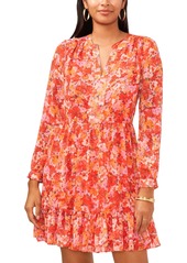 Vince Camuto Women's Floral Printed Long Sleeve Split Neck Tiered Baby Doll Dress - Tulip Red