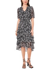 Vince Camuto Women's Printed Puff-Sleeve Tiered Midi Dress - Rich Black