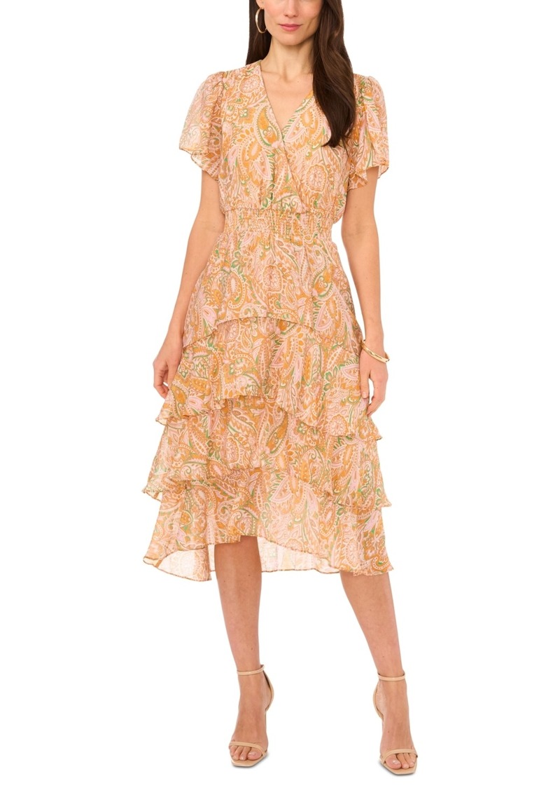 Vince Camuto Women's Printed Smocked-Waist Faux-Wrap Tiered Midi Dress - Bright Marigold