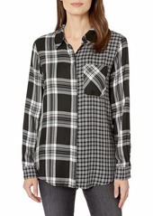 Vince Camuto Women's Roll Sleeve Mix Plaid Shift One Pocket Top  Extra Small