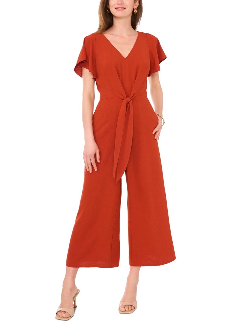 Vince Camuto Women's V-Neck Flutter-Sleeve Crop Wide-Leg Jumpsuit - Rust