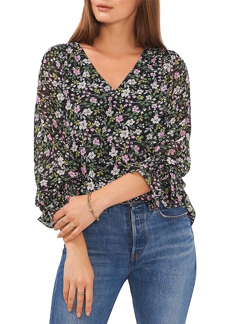 Vince Camuto Womens Floral Print V-Neck Blouse