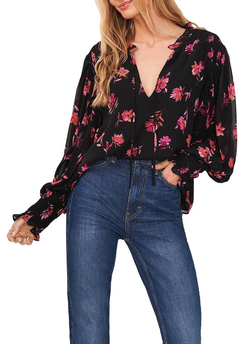 Vince Camuto Womens Floral Smocked Peasant Top