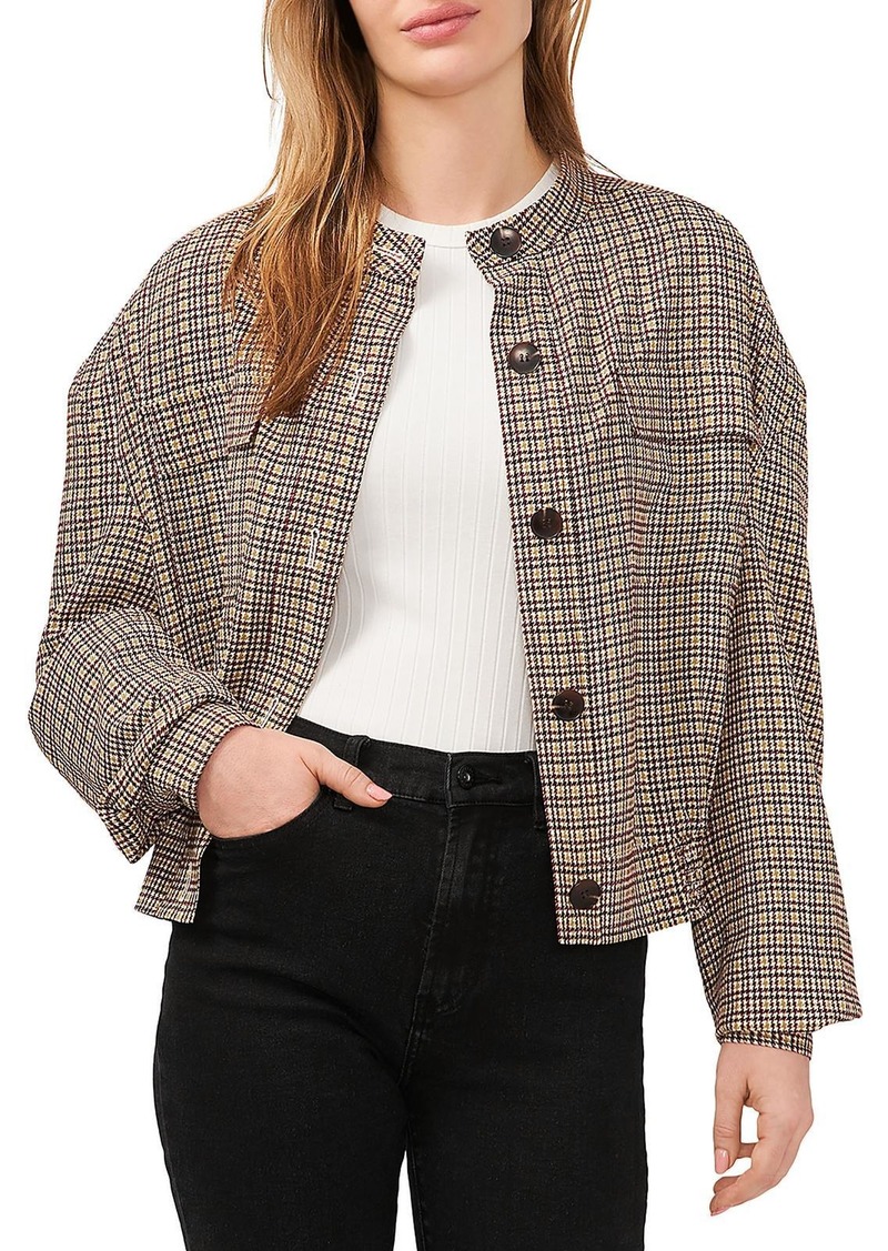 Vince Camuto Womens Houndstooth Pleated Bomber Jacket