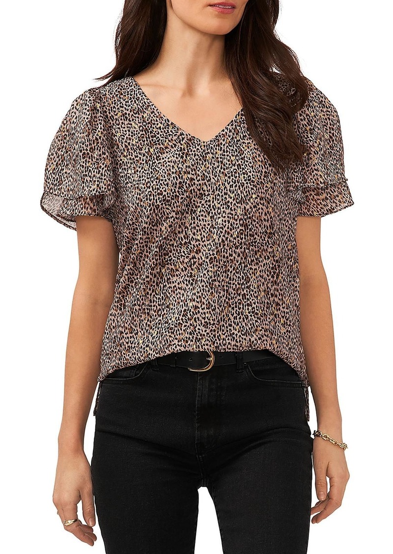 Vince Camuto Womens Leopard V Neck Pullover Top