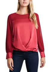 Vince Camuto Women's Long Sleeve Fold Over Front Mixed Media Blouse