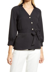 Vince Camuto Asymmetric Belt Button-Up Blouse in Rich Black at Nordstrom